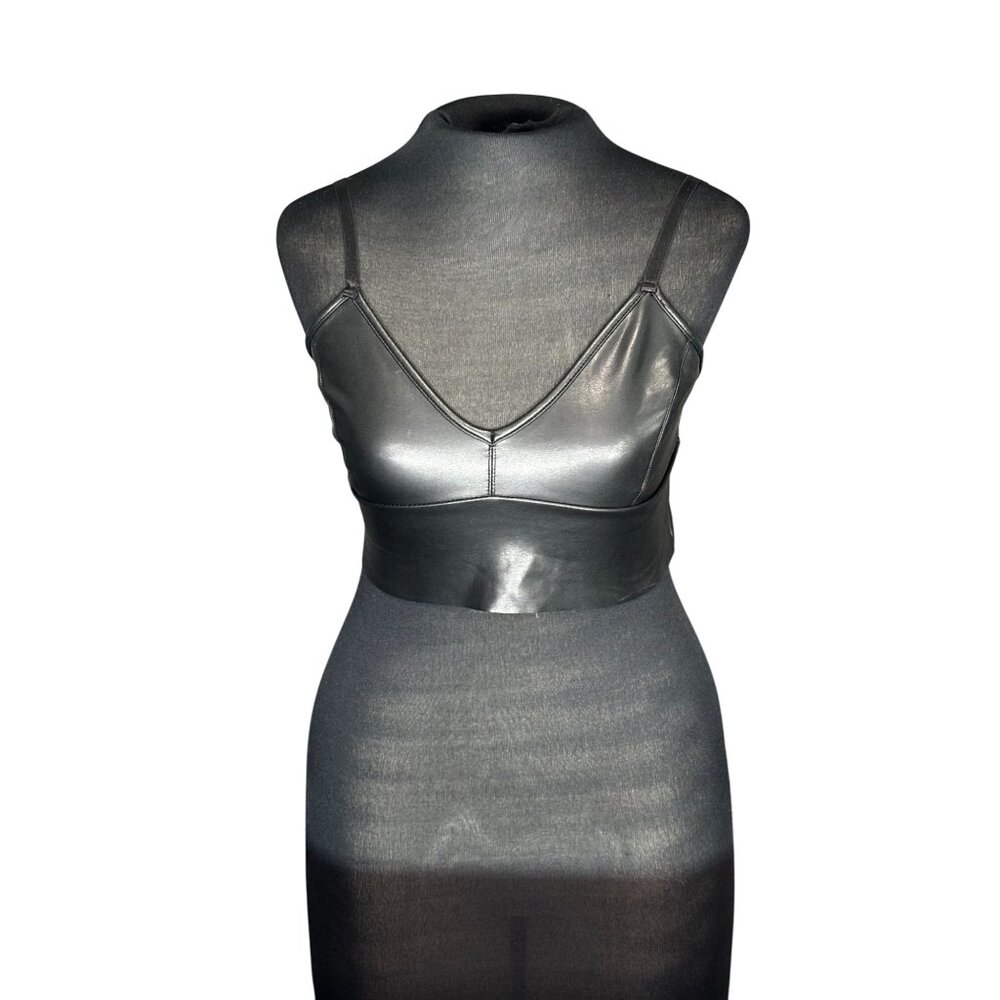 Black Faux Leather Crop Top With Adjustable Straps By Olivaceous - Size M